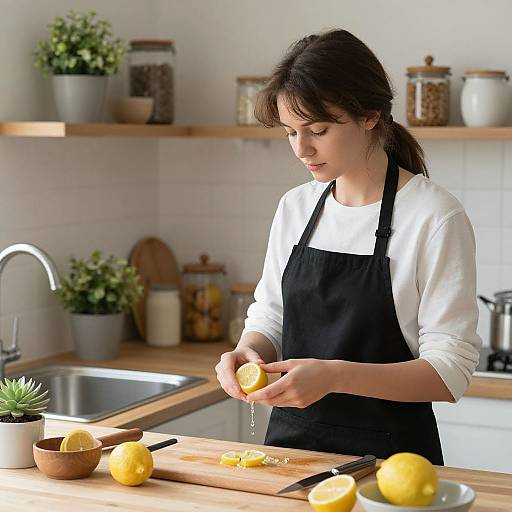 Young Woman Peeling Lemon in Cozy Kitchen