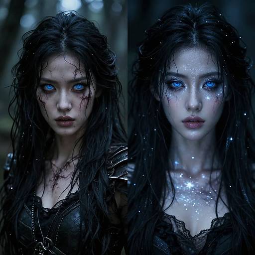 Digital artwork of a pale, blue-eyed, dark-haired woman with wet hair, wearing black lace, and glowing blue face paint, set in a dark