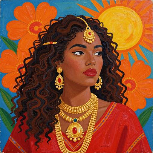Vibrant digital painting of a dark-skinned woman with curly hair, adorned in gold jewelry and red saree, against a blue background with large