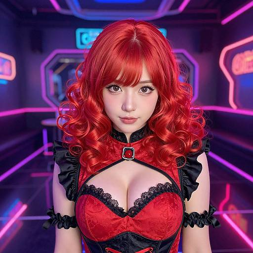 Photorealistic digital artwork of a fair-skinned woman with vibrant red curly hair, wearing a red and black lace corset, in a neon-l