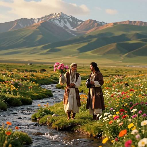 Photograph of two men in traditional Mongolian attire standing by a flowering meadow, holding pink flowers, with snow-capped mountains in the background,