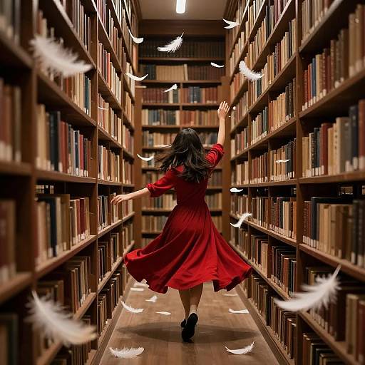 Crimson Dress in Enchanted Library