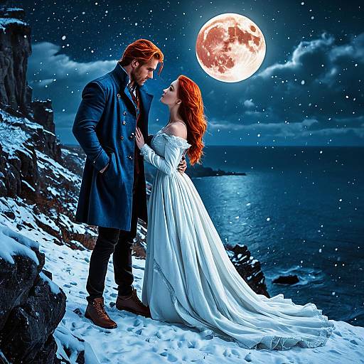 Romantic Couple on Snowy Seaside Cliff at Night