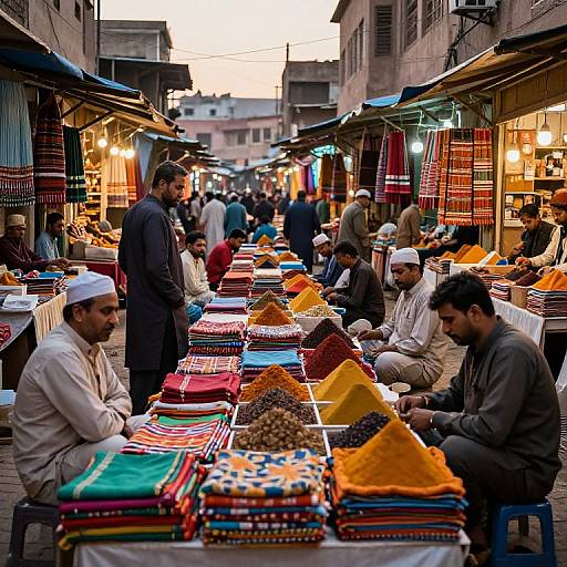 Photograph of a bustling, colorful Middle Eastern market stall with men in traditional attire, selling vibrant spices, textiles, and goods.