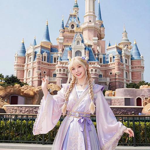 Young blonde girl with braided hair, wearing a white, embroidered medieval dress, smiling and waving in front of a colorful, fairytale castle.