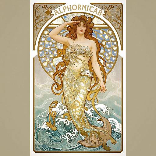 Digital illustration of a mermaid with flowing brown hair, golden-scale tail, and starry background, labeled 