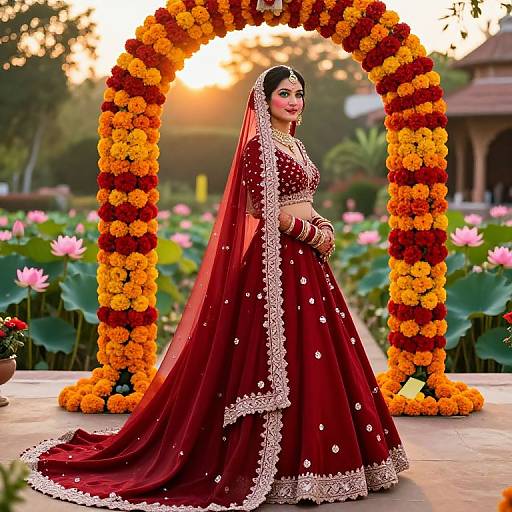 Photograph of a beautiful South Asian bride in a maroon lehenga with white embroidery, standing under a floral arch, surrounded by lotus flowers at