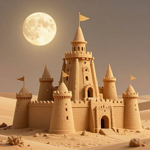 Majestic 3D Sandcastle Under Moonlight