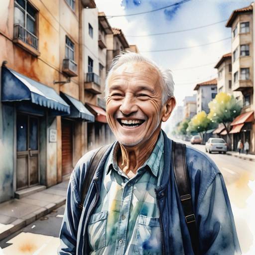 Joyful Portrait of Elderly Man in Watercolor