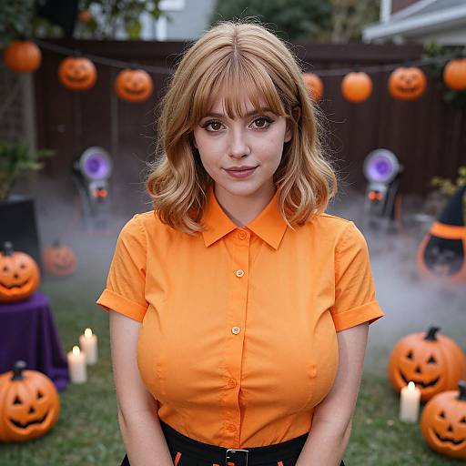 Photograph of a blonde woman with large breasts, wearing an orange shirt, standing in a Halloween-themed backyard with jack-o'-lanterns, candles