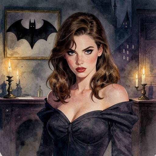 Digital painting of a beautiful woman with wavy brown hair, red lipstick, and off-shoulder black dress, standing in a dimly lit,