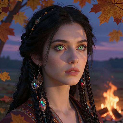 Photorealistic digital portrait of a young woman with green eyes, dark braided hair, adorned with jewel earrings, surrounded by autumn leaves and a glowing