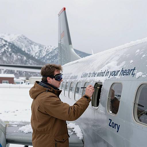 Man Writing on Aircraft in Snow