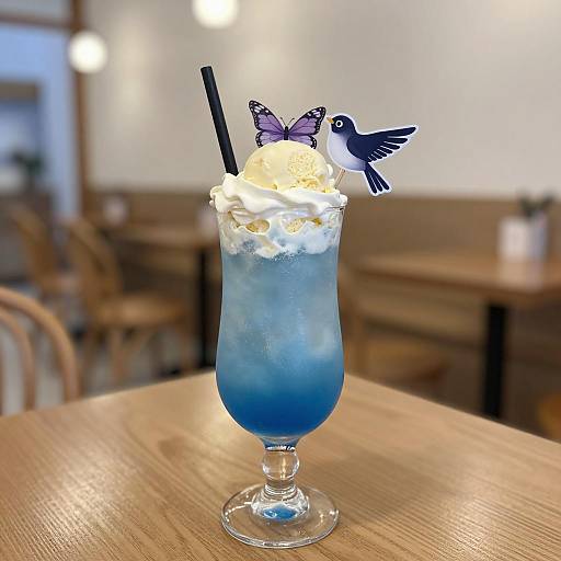 Blue Ice Cream Float with Butterfly and Bird Garnishes