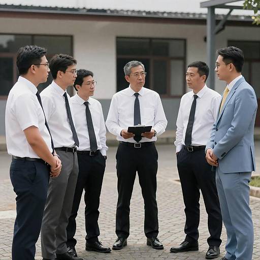 Six Men Talking on Cobblestone Path