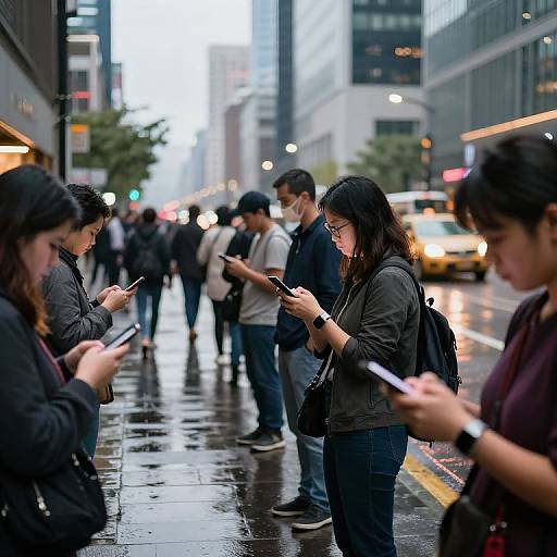 Photograph of diverse group of young people on wet city street, using smartphones, wearing casual clothes, standing in line, with blurred background of tall buildings