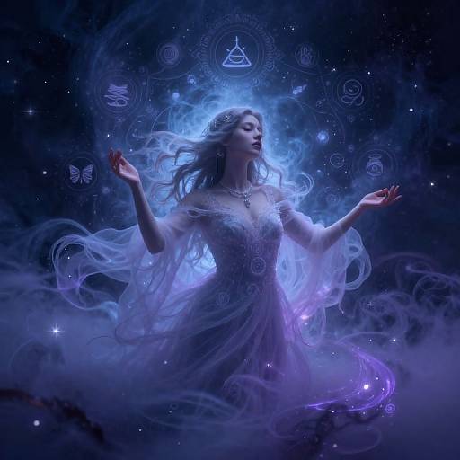 Digital artwork of a mystical, ethereal woman with glowing blue aura, flowing white dress, and outstretched arms, surrounded by cosmic symbols and stars