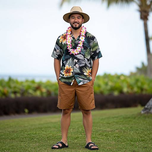 Photograph of a bearded man with medium brown skin, wearing a floral shirt, tan shorts, straw hat, flower lei, black sandals, standing