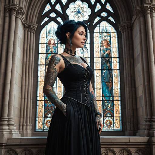 Tattooed Woman in Black Dress by Cathedral Window