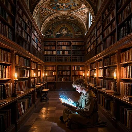 Photograph of a young man in a dimly lit, ornate library with wooden shelves and lit candles, reading a glowing book.