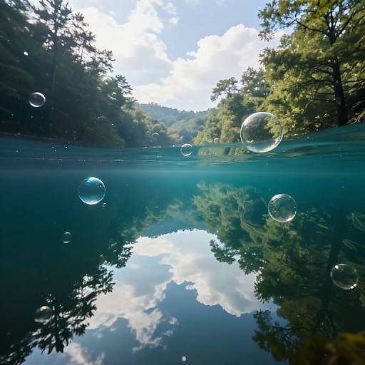Photograph of a tranquil lake with clear blue water, reflecting trees and a cloudy sky. Floating bubbles add a whimsical touch. Dense green forest surrounds