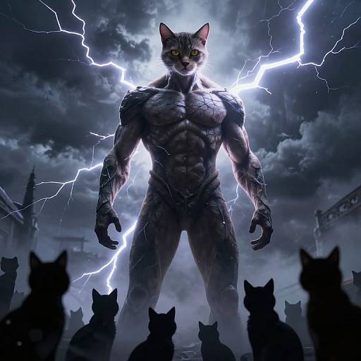 Digital artwork of a muscular, anthropomorphic black cat with glowing yellow eyes, standing in a stormy sky with lightning, surrounded by silhouetted
