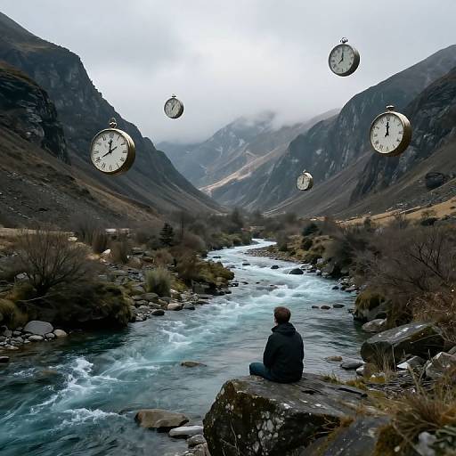 Photograph of a solitary figure seated by a turbulent mountain river, surrounded by floating vintage clocks, in a misty, rocky valley.