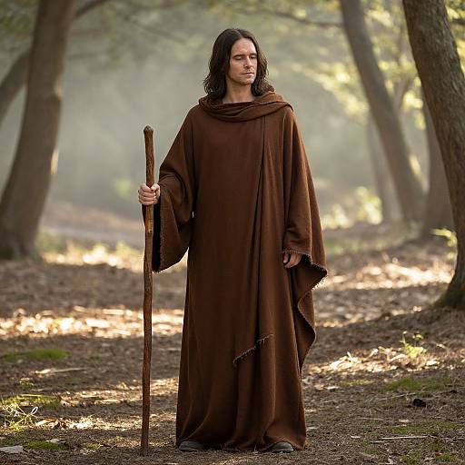 Man in Brown Robe with Staff in Forest