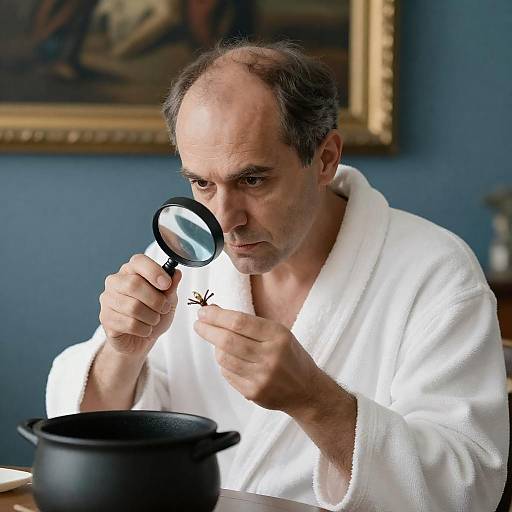 Man Inspecting Object with Magnifying Glass