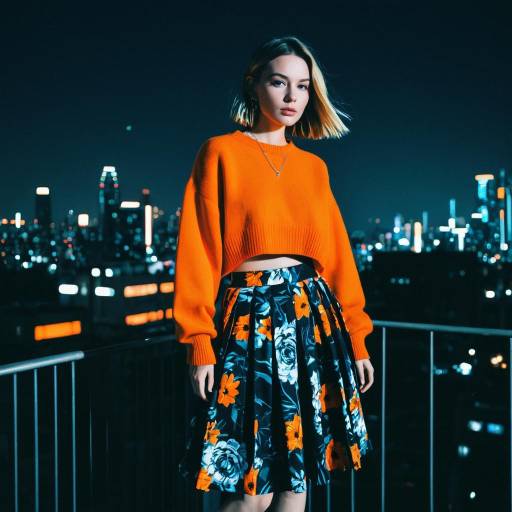 Woman in Orange Sweater with Floral Skirt at Night Cityscape