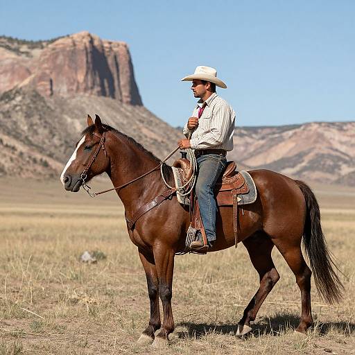 Photograph of a cowboy in white shirt and hat, riding a brown horse in a grassy desert landscape with red rock formations.