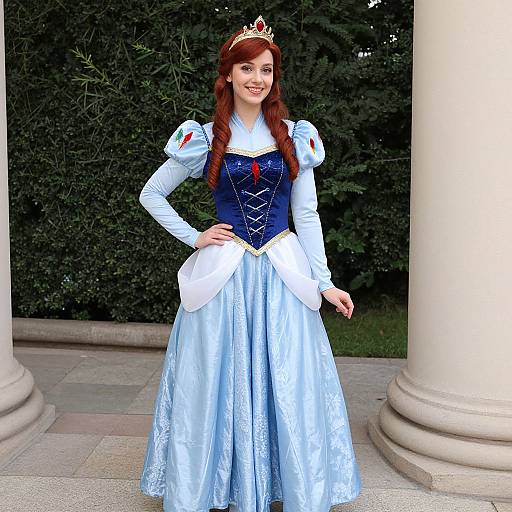 Photograph of a smiling woman with red hair, wearing a blue and white Disney Princess costume, tiara, standing outdoors by columns.