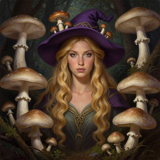 Digital art of a blonde, fair-skinned witch with wavy hair, purple hat, and green dress, surrounded by large mushrooms in a dark forest