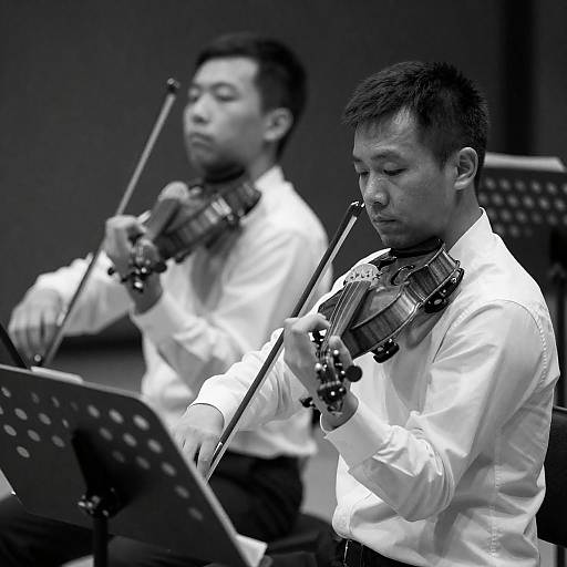 Intense Black-and-White Violin Duo Performance