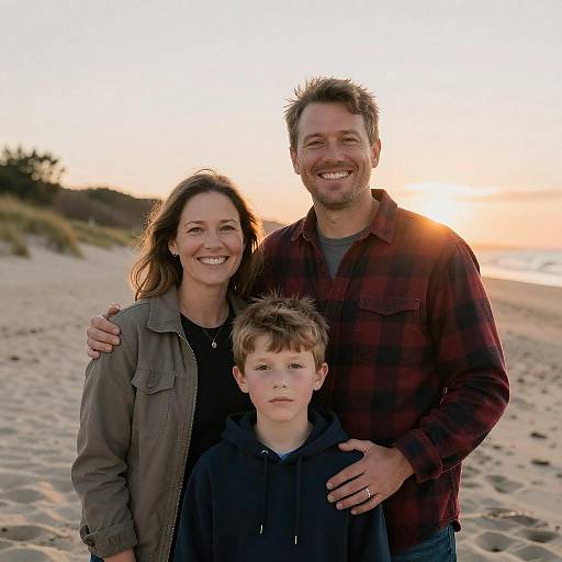 Photograph of a smiling Caucasian family on a sandy beach at sunset: mother in a green jacket, father in a red plaid shirt, and son