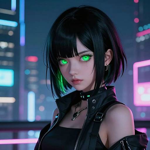 Digital artwork of a pale-skinned, black-haired anime girl with glowing green eyes, neon-lit cityscape background, wearing black leather jacket and ch