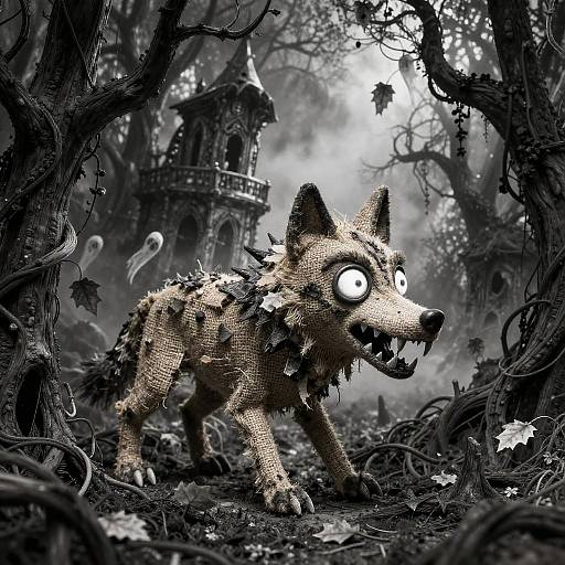 Digital artwork of a creepy, wide-eyed, leaf-covered wolf with sharp teeth in a dark, tangled forest with a haunted tower in the background. Black