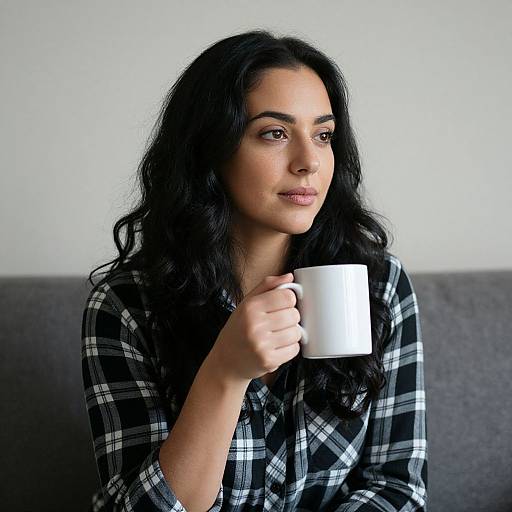 Photograph of a young woman with long black hair, wearing a black and white plaid shirt, holding a white mug, sitting on a gray couch