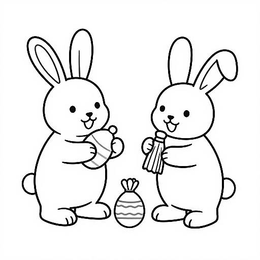 Black and white line drawing of two cute, smiling rabbits holding Easter egg decorations, standing next to each other.