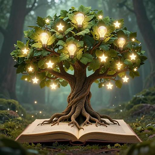 Mystical tree with glowing star-shaped lights, roots entwined in an open book, set in a lush, enchanted forest. Digital artwork.