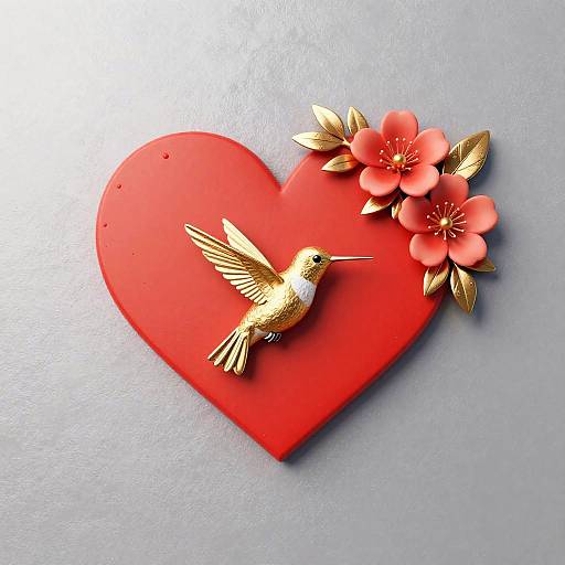 Red Heart with Coral Flowers and Golden Hummingbird