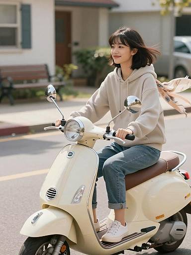 Young Woman Riding Vintage Scooter