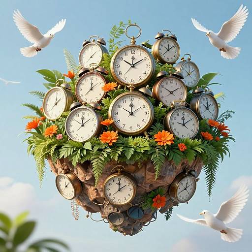 Photograph of a floating clock bouquet with 12 vintage clocks, orange flowers, green leaves, and white doves against a bright blue sky.