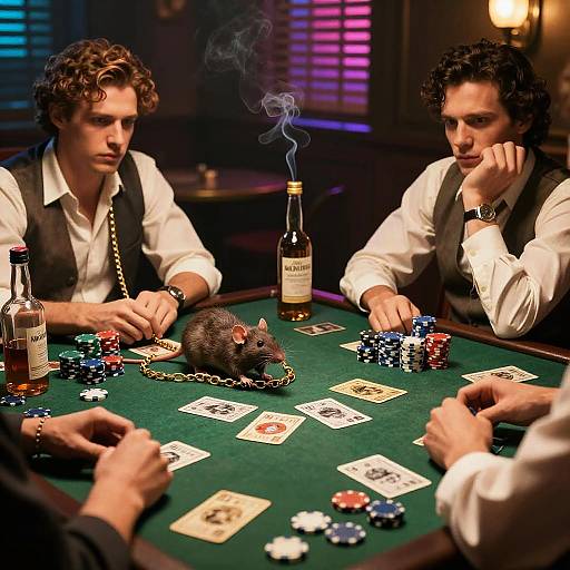 Photograph of two curly-haired men in white shirts and vests, playing poker with chips, cards, and a rat on a green table. Smoky