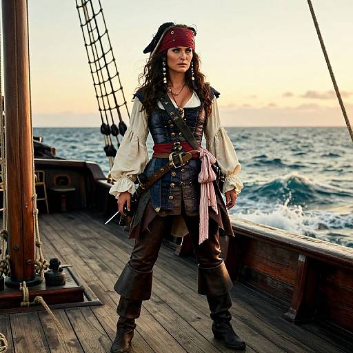 Photograph of a fierce pirate woman with long black hair, red bandana, white shirt, black vest, brown pants, standing on a wooden ship