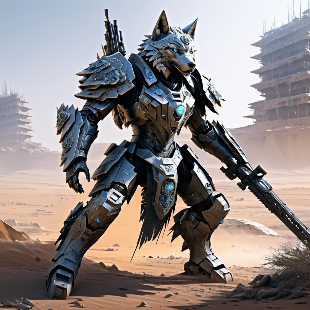 Intricate Robotic Wolf in Wasteland Art