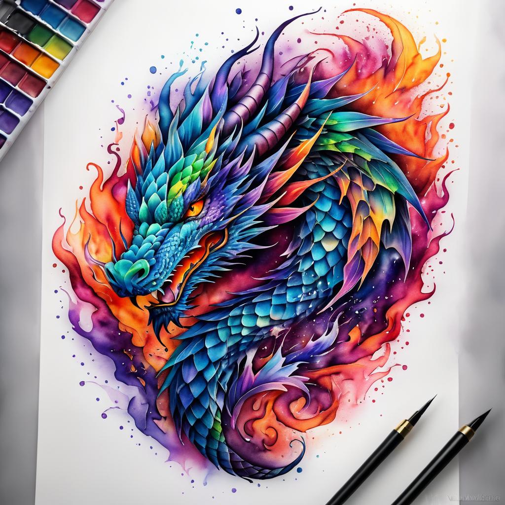 Surreal Dragon Tattoo Design in Watercolors