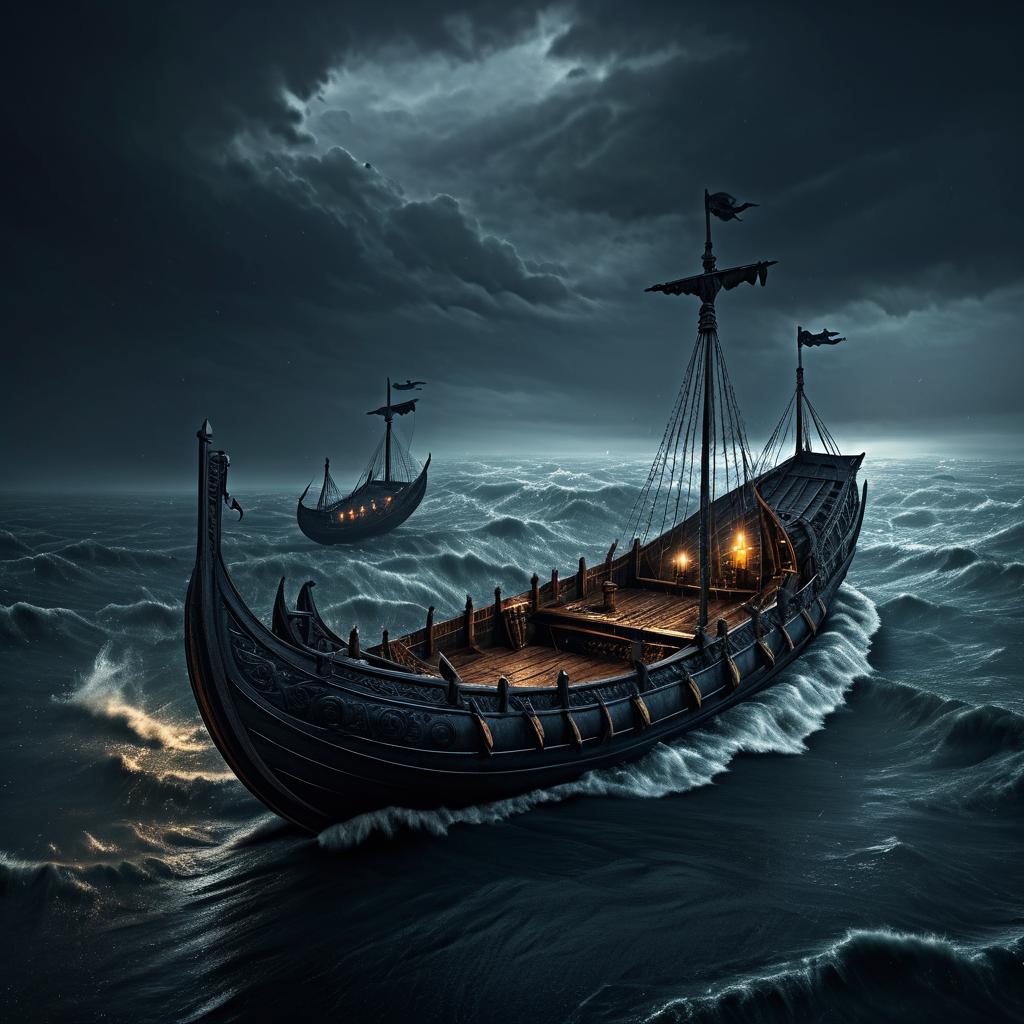 Stormy Medieval Barge in Dark Fantasy