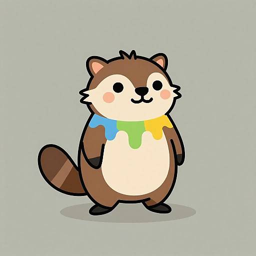 Cute cartoon raccoon with brown and white fur, wearing a blue shirt with green and yellow paint, smiling with black eyes, standing on a light
