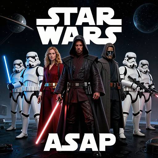 Photograph-style Star Wars: The Last Jedi poster featuring five characters: woman in red, man in black hooded cloak, masked man, two Storm